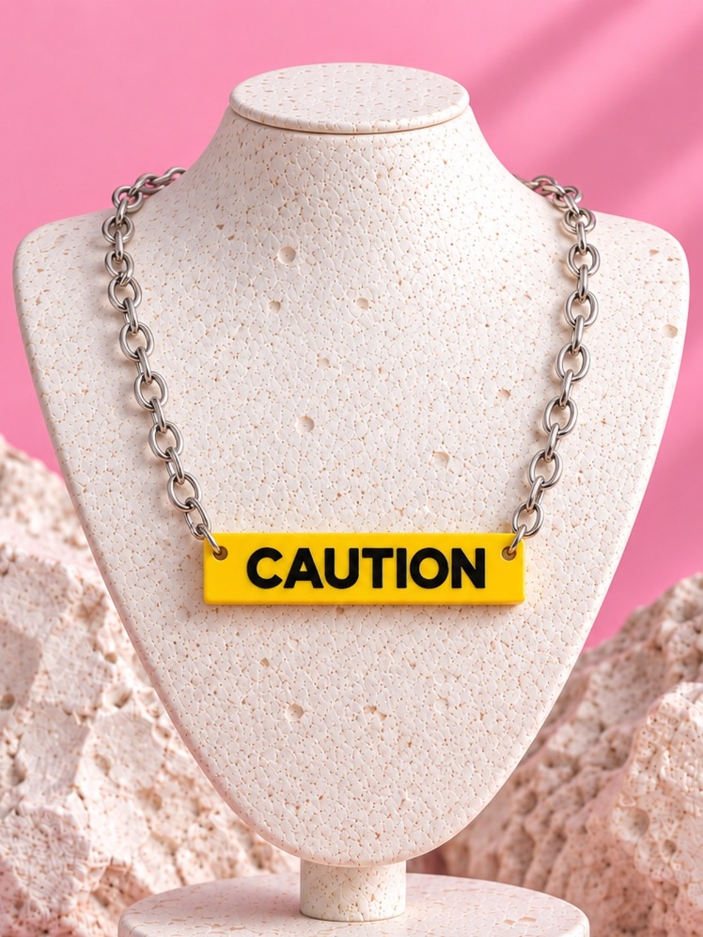 “CAUTION" Industrial Bar Necklace — Statement Chain — Handmade — Yellow & Black